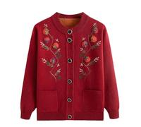 Cardigan in maglia a maniche lunghe per donne di mezza età e anziane - maglione per la nonna per primavera e autunno, Rosso2, XL