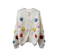 Cardigan Lavorato A Maglia con Bottoni E Perle di Fiori Autunnali Invernali Maglione da Donna con Scollo A Maniche Lunghe Casual Moda Donna Beige One Size