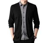 Cardigan lavorato a maglia con colletto a camicia finto a due pezzi, maglione sottile da uomo a maniche lunghe con bottoni a maglia, Nero , XL