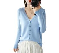 Cardigan lavorato a maglia da donna con scollo a V coreano monopetto maglione tutto il cardigan a maniche lunghe, blu cielo, XL