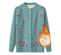 Cardigan lavorato a maglia in pile ricamato, monopetto, sottile, da donna, abbigliamento invernale sottile per la nonna, Pile blu., M