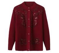 Cardigan lavorato a maglia per la nonna - Cappotto a maniche lunghe per mamme di mezza età e anziane, top primavera autunno, Rosso2, L