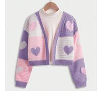 Cardigan lavorato a maglia per ragazze pre-adolescenti con blocchi di colore a forma di cuore in rosa e viola, che presentano uno stile dolce e carino. Progettato per le ragazze pre-adolescenti, ha ma