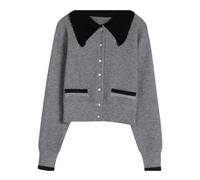 Cardigan lavorato a maglia vintage da donna con risvolto sciolto maglioni monopetto maglioni patchwork a contrasto, grigio, XL