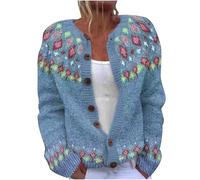 Cardigan leggero con motivo vintage da donna UK senza colletto camicia lavorata a maglia retrò stile etnico da donna giacche a maniche lunghe maglione autunno primavera casual top maglieria, Azzurro
