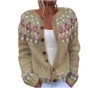 Cardigan leggero con motivo vintage da donna UK senza colletto camicia lavorata a maglia retrò stile etnico da donna giacche a maniche lunghe maglione autunno primavera casual top maglieria, cachi