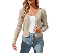 Cardigan leggero da donna, a maniche lunghe, con scollo a V, vintage, classico, cardigan da donna con bottoni, cardigan leggero ed estivo, elegante con pizzo, beige., Taglia unica