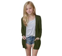 Cardigan leggero da ragazza, a maniche lunghe, casual, aperto sul davanti, oversize, con tasche, ideale per le stagioni miti (verde nerastro, 9-10 anni)