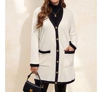 Cardigan lungo e caldo con chiusura a bottoni in metallo, elegante e confortevole, per donna taglia comoda, nero e bianco, adatto per l'autunno, giacca a vento da donna, casual business 0XL,1XL,2XL,3X