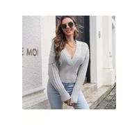 cardigan maglia top pullover corto donna morbido maglione grigio scollo 73130