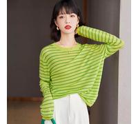 Cardigan Maglia Top Pullover Corto Donna Morbido Maglione Verde Righe Slim 36666