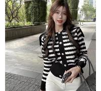 Cardigan Maglia Top Pullover Corto Morbido Maglione Nero Bottoni Righe 34288