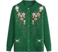 Cardigan Maglione Kitted della Madre - Fiori Ricamati Maglione Caldo della Vecchia Signora Autunno Inverno Cappotto da Donna di Mezza età E Anziani, Green, 3XL