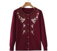 Cardigan Maglione Kitted della Mamma - Giacca di Fiori Ricamati di Mezza età E Anziani Maglione Autunno Inverno Cappotto A Maniche Lunghe Nonna Indossare Caldo, Red, XL