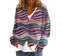 Cardigan Maglioni da donna Autunno Casual Stampa Floreale Manica Lunga Bottone Scollo a V Aperto Frontale Leggero Capis, 1E-Blu, XL