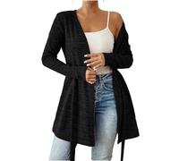 Cardigan medio da donna con cintura, con asole, aperto, per primavera, autunno, mezza stagione, elegante e lungo, alla moda, Nero , XL
