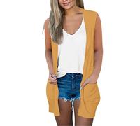 Cardigan senza maniche per le donne Uk Plus Size Cardigan estivo leggero Longline Cover Up Ladies Open Front Cardigan Maglione Casual Cromata Maglia Coprispalle Maglione con tasche, Giallo, S