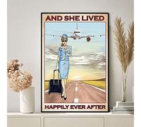 Cardigirl Targa in metallo retrò, 20,3 x 30,5 cm, con scritta in lingua inglese "She Lived Happily Ever After Flight Attendant", poster vintage da viaggio, idea regalo