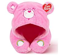 Care Bears - Cheer Bear Snuggle Hood, cuscino da viaggio per aereo e auto, morbido peluche, cuscino cervicale con cappuccio e clip a bottone - rosa
