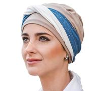 CAREBELL Turbante oncologico/Modello Elegance/Design Blue Gold/Tessuto di bambù/Fatto a mano in Spagna/Chemioterapia e Alopecia/Pelle sensibile/Perdita di capelli