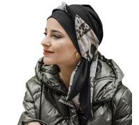 CAREBELL turbante oncologico modello Smooth - design Zig Zag Grey in cotone naturale, confortevole e traspirante, speciale per chemioterapia, alopecia e pelli sensibili