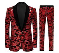 CARFFIV Gli Uomini alla Moda Floreale Paillettes Modello Due Pezzi Set Vestiti,Red,XL