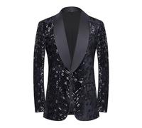 CARFFIV Men's Paillettes Velluto Stage Party Prom Wedding Dinner Symmetry Suit Jacket Blazer,Black,M