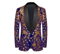 CARFFIV Men's Paillettes Velluto Stage Party Prom Wedding Dinner Symmetry Suit Jacket Blazer,Blue,XS