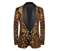 CARFFIV Men's Paillettes Velluto Stage Party Prom Wedding Dinner Symmetry Suit Jacket Blazer,Gold,L