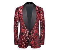 CARFFIV Men's Paillettes Velluto Stage Party Prom Wedding Dinner Symmetry Suit Jacket Blazer,Red,XS