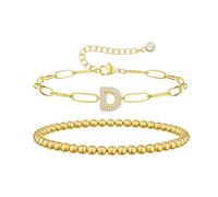 Carffordo Braccialetti a strati in oro 14 K da donna, alla moda, con zirconia cubica dalla A alla Z, con perline con lettera iniziale, braccialetto regolabile a catena con graffetta, per donne