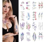 CARGEN Tatuaggio Temporaneo con Fiori ad Acquerello - 16 Fogli di Piccoli Fiori di Lavanda Farfalle Viola Tatuaggi Rose Tulipani Finti Impermeabili per Bambini Ragazze Donne Viso Corpo Braccia