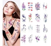 CARGEN Tatuaggio Temporaneo con Fiori ad Acquerello - 16 Fogli di Piccoli Fiori di Lavanda Farfalle Viola Tatuaggi Finti Impermeabili per Bambini Ragazze Donne Viso Corpo Braccia