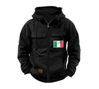 Cargo Tactical Giacche con cappuccio da uomo UK, casual alla moda stampa bandiera Italia Full Zip Up Hoodies con tasche cerniera coulisse felpa sport all'aperto Plus Size Top, Nero , XXL