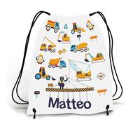 Caribu design Sacca Personalizzata con Nome per Asilo, Scuola Materna/Elementare, Nido, Sport - Zaino Bambino con stampa ruspe gru camion costruzioni - Idea Regalo