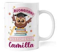 Caribu design Tazza Personalizzata Laurea Donna Buongiorno Dottoressa con Nome - Idea Regalo per Neolaureati/Festa/Tesi Personalizzabile - Mug Gufo con Tocco e Frase