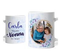 Caribu design Tazza personalizzata Nonna Migliore del Mondo con foto - Idea regalo originale compleanno nonna/festa dei nonni (Azzurro/Lilla)