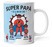 Caribu design Tazza personalizzata papà supereroe - idea regalo originale festa del papà/compleanno (Papà + Figlio + Figlia + Cane + Gatto)