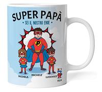 Caribu design Tazza personalizzata papà supereroe - idea regalo originale festa del papà/compleanno (Papà + Figlio + Figlia + Gatto)