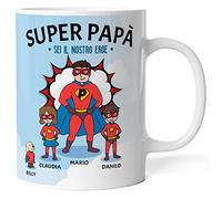 Caribu design Tazza personalizzata papà supereroe - idea regalo originale festa del papà/compleanno (Papà + Figlio + Figlia + Cane)