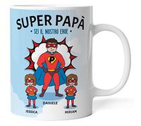 Caribu design Tazza personalizzata papà supereroe - idea regalo originale festa del papà/compleanno (Papà + 2 Figlie Femmine)
