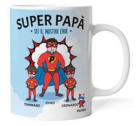 Caribu design Tazza personalizzata papà supereroe - idea regalo originale festa del papà/compleanno (Papà + 2 Figli Maschi + Gatto)
