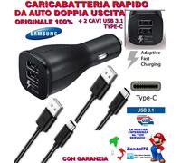 CARICA BATTERIA SAMSUNG S9 RAPIDO DA AUTO DOPPIA USCITA + 2 CAVI USB 3.1 TYPE-C