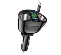 Caricabatteria da auto 66W PD per 6 porte USB C cavo retrattile 66W PD | Sei porte di ricarica, uscita totale 66W, display digitale della tensione in tempo reale, adatto a veicoli da 12 V-24 V