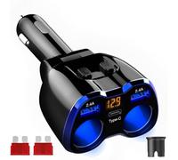 Caricabatteria da Auto Accendino Accendisigari Auto USB Splitter, Adattatore per prese di corrente da 80W con 12V / 24V e doppia porta USB da 2,4 A e tipo C (Blu)
