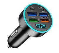 Caricabatteria da auto - Caricabatterie USB 66W Adattatore PD Rapido con 6 | uscite e display digitale | Multiporta per smartphone | Blocco di ricarica LED Halo per auto