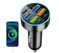 Caricabatteria da auto - Caricabatterie USB 66W Adattatore PD Rapido con 6 | uscite e display digitale | Multiporta per smartphone | Blocco di ricarica LED Halo per auto