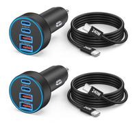 Caricabatteria da auto per iPhone 17, 16, 15 Pro Max, confezione da 2 caricabatterie da auto a 4 porte da 90 W con 4 porte USB C a ricarica rapida, accessori con cavo USB C da 240 W, 9 m, per iPhone