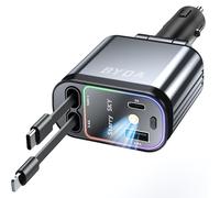 Caricabatteria da auto retrattile USB C 4 in 1, 69 W con luce stellata, ricarica rapida per iPhone 16/15/14/13/12, iPad,Android,adattatore accendisigari (Grey, Lightning+USB C & Purple Light)