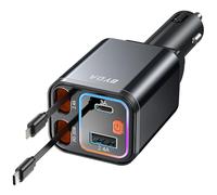 Caricabatteria da auto retrattile USB C 4 in 1, 69 W con luce stellata, ricarica rapida per iPhone 16/15/14/13/12, iPad,Android,adattatore accendisigari (For Apple & USB-C & Black)
